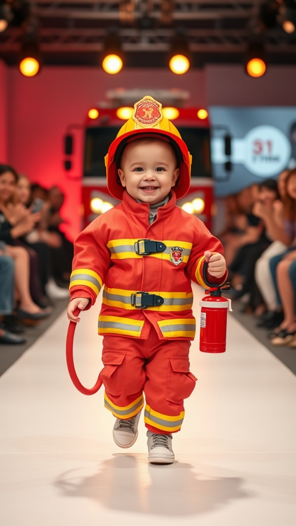 Baby Firefighter Struts on Runway, Captures Hearts.