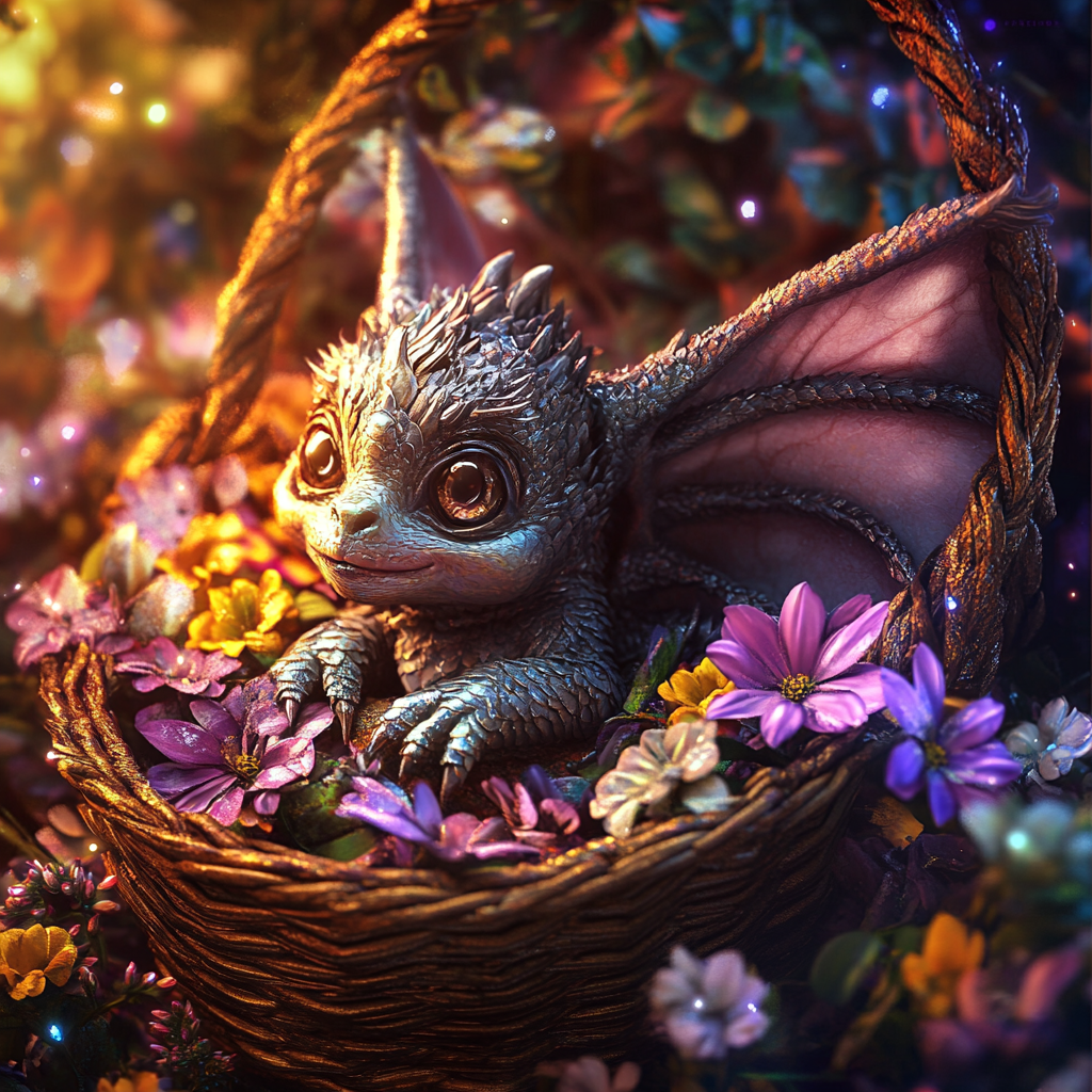 Baby Gargoyle in Basket with Sparkling Flowers