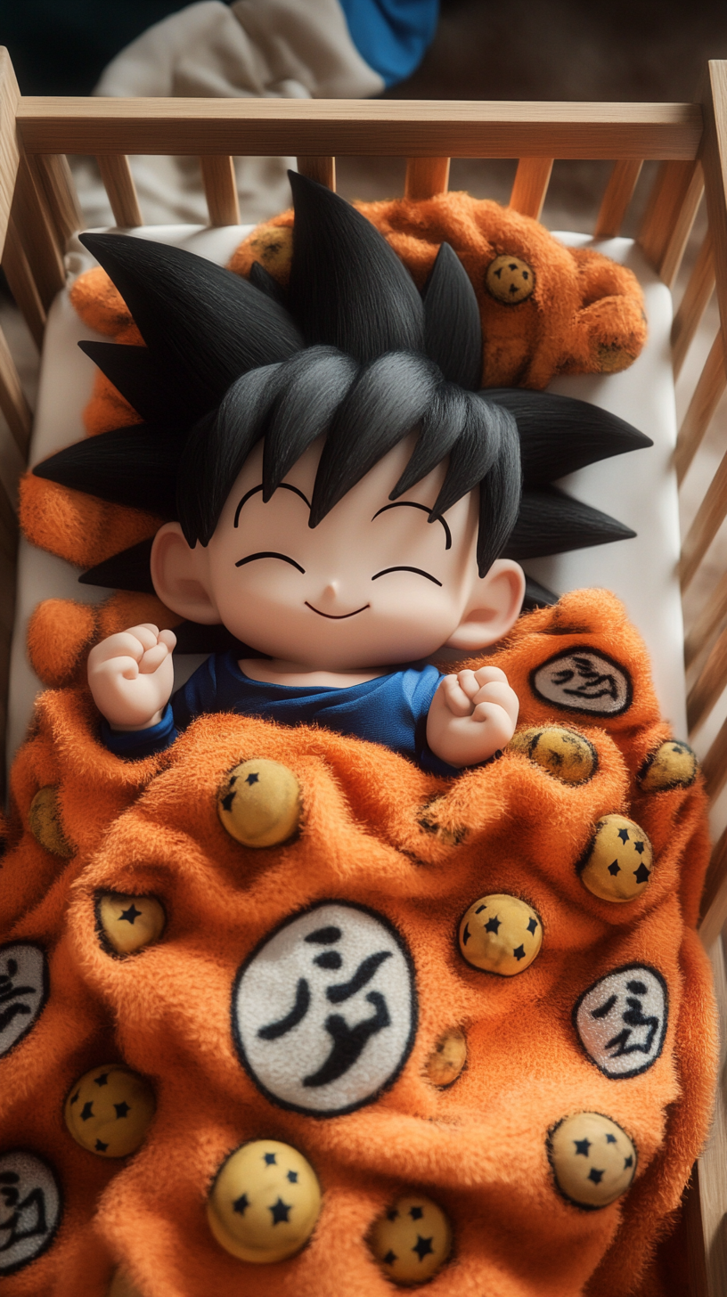 Baby Goku sleeping in crib with Dragon Balls, cozy setting.