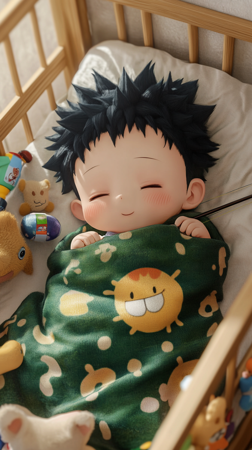 Baby Gon sleeping peacefully, surrounded by cute Hunter x Hunter items.