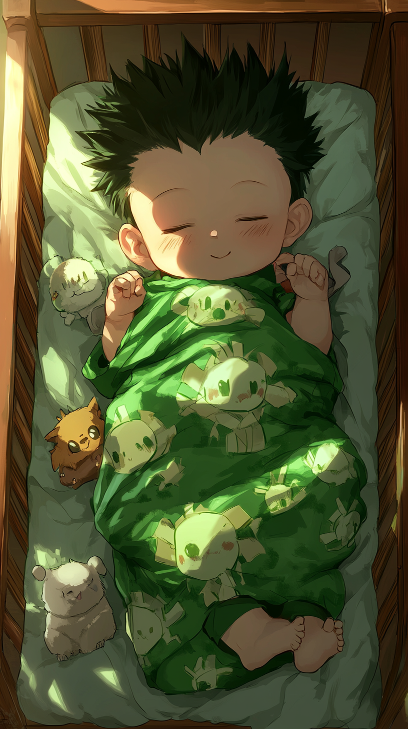 Baby Gon sleeping peacefully in 'uwu' style, surrounded by plush toys.