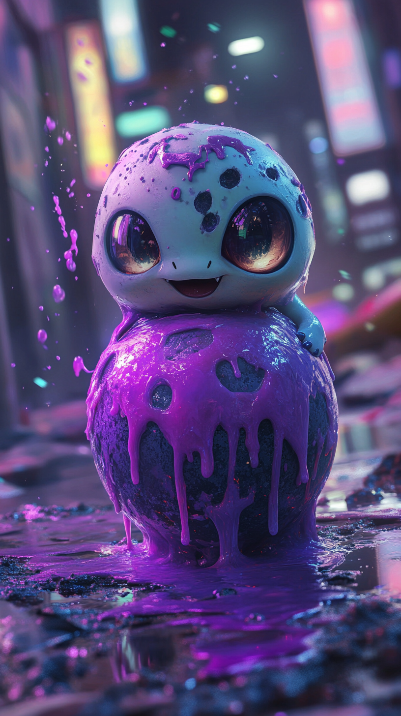 Baby Grimer hatching from gooey egg in colorful cityscape.