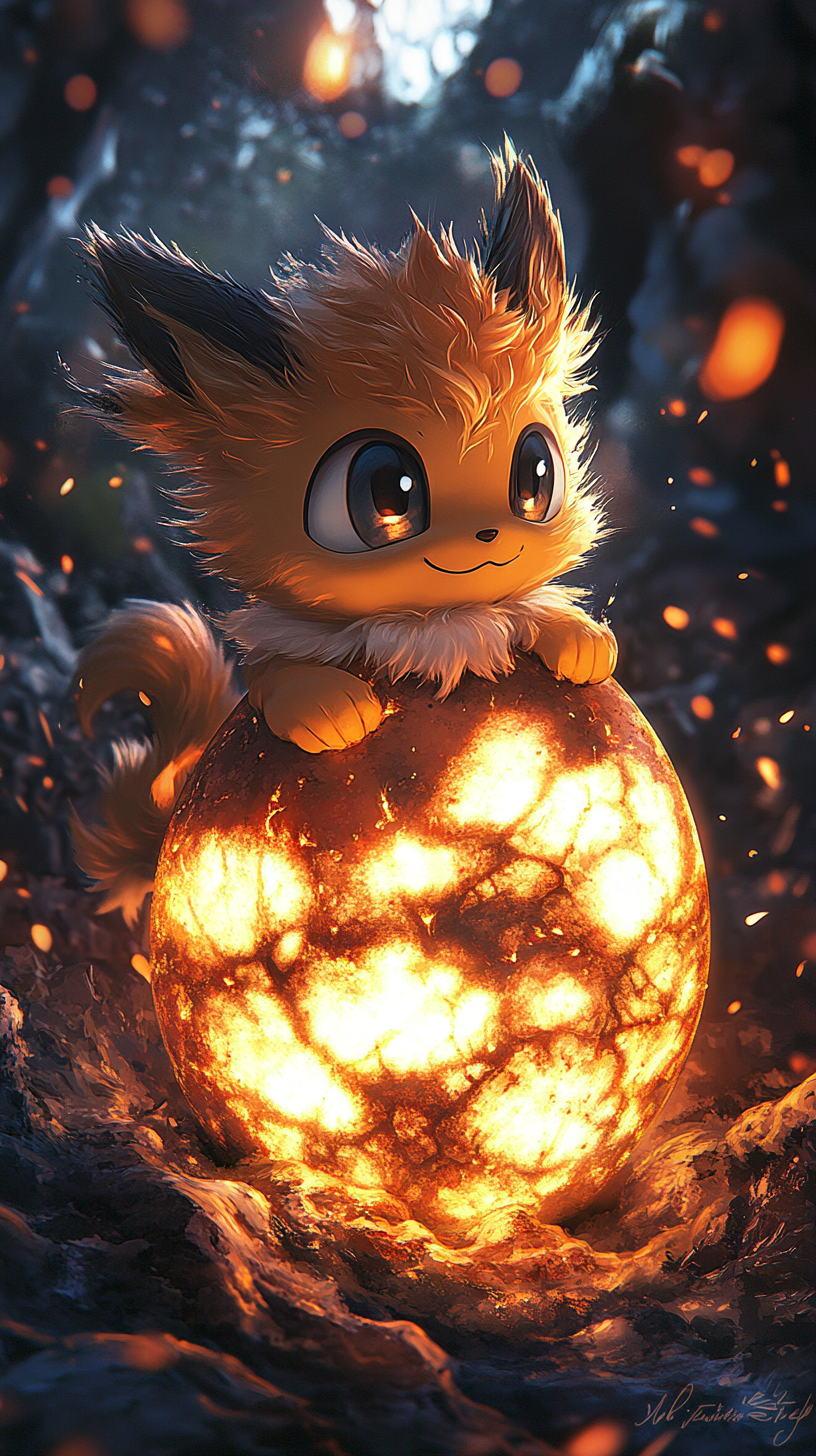 Baby Growlithe hatching from glowing egg with fiery patterns.