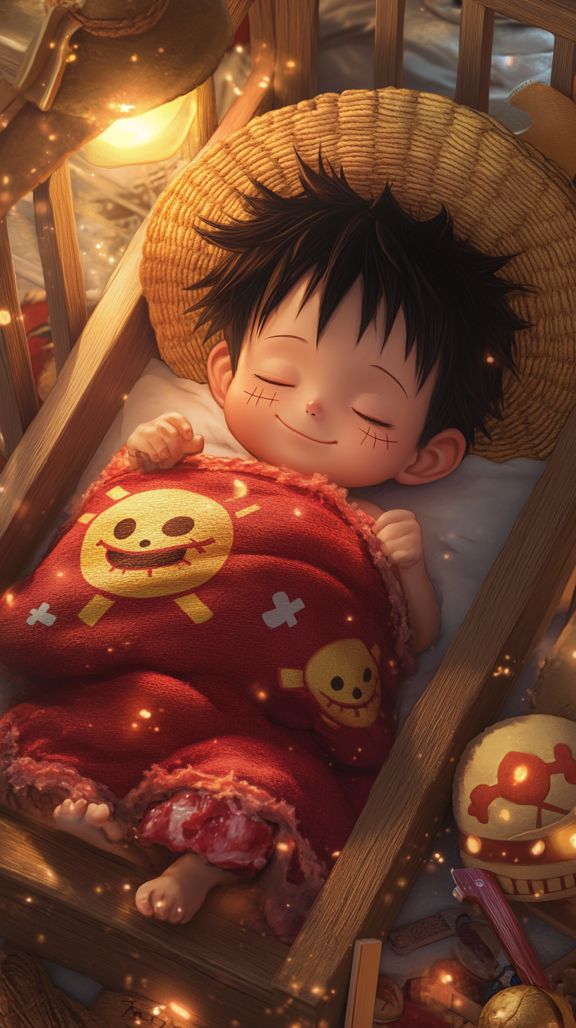 Baby Luffy in a cute 'uwu' style, sleeping peacefully.