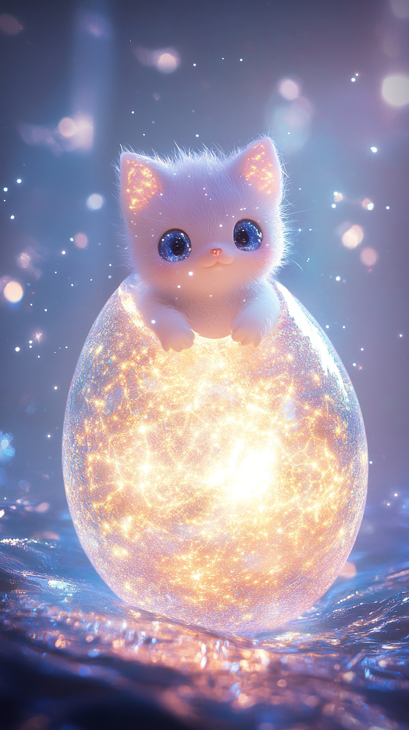 Baby Mew hatching from cosmic egg in dreamy sky.