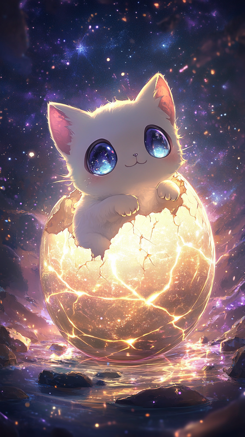 Baby Mew in cracked egg, glowing cosmic patterns.