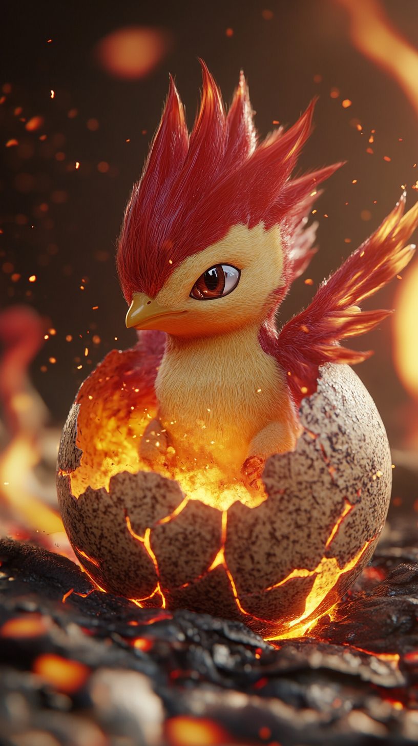 Baby Moltres hatching from fiery egg in stunning detail.