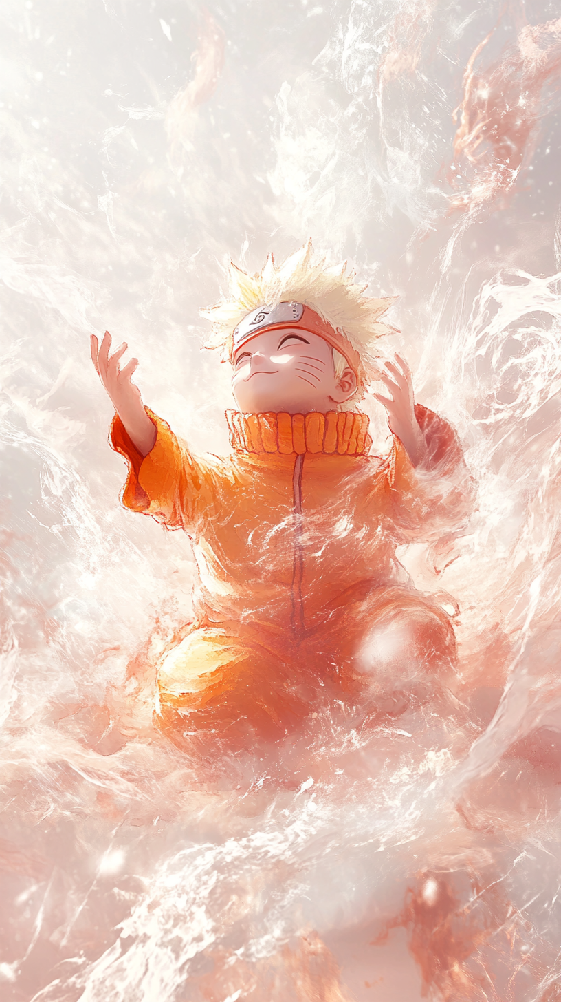 Baby Naruto in watercolor style engaged in gentle battle.