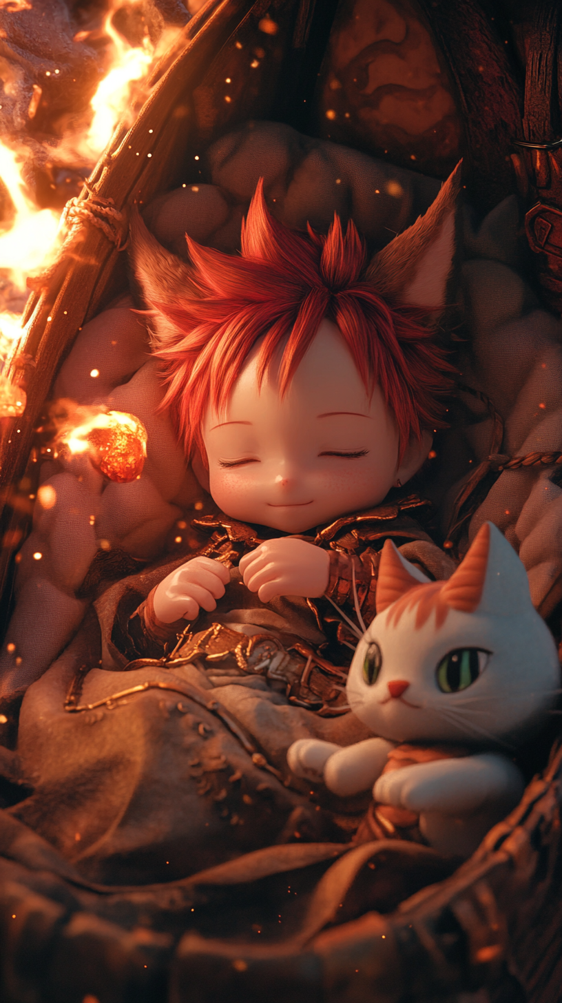 Baby Natsu with flames, dragon cradle, Happy plush.