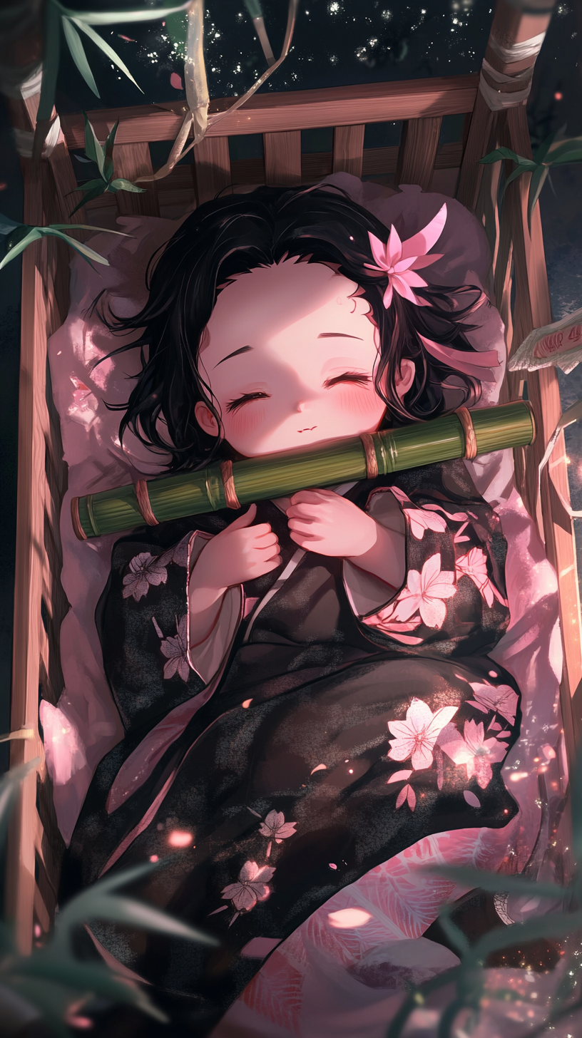 Baby Nezuko sleeping peacefully in demon slayer-themed crib.