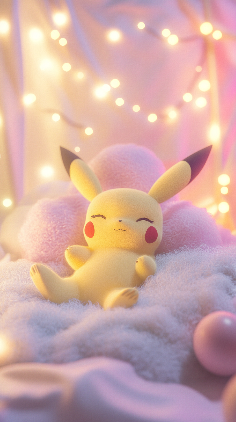 Baby Pikachu cuddling cloud pillow in pastel colored bedroom.