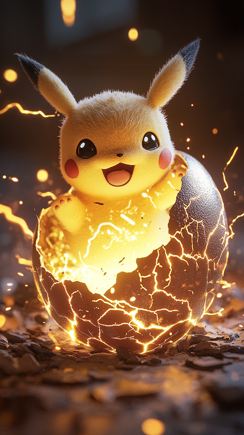 Baby Pikachu hatching from egg, surrounded by sparks. Smiling.