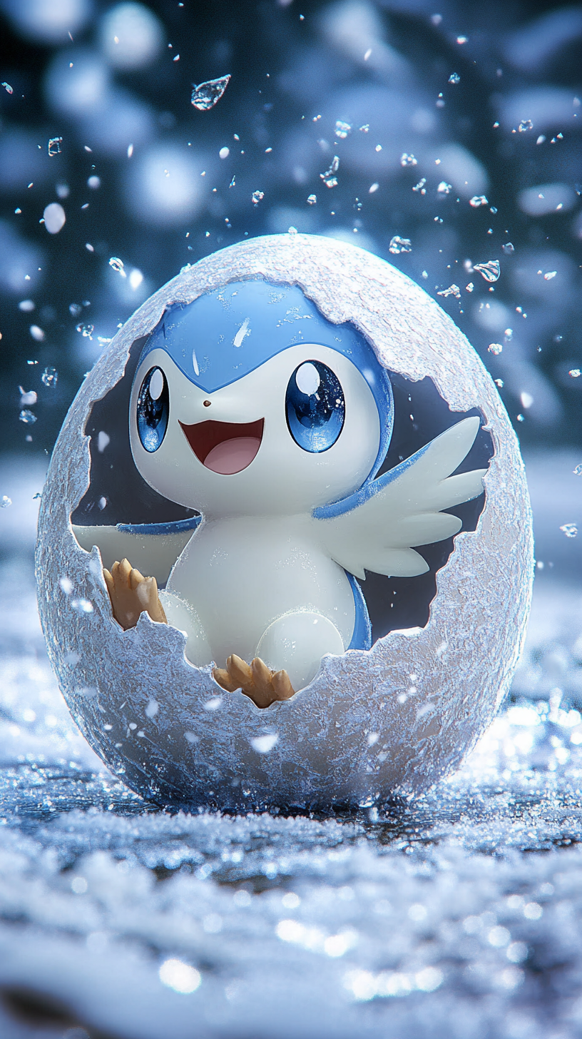 Baby Piplup hatching from icy egg in snowy landscape.