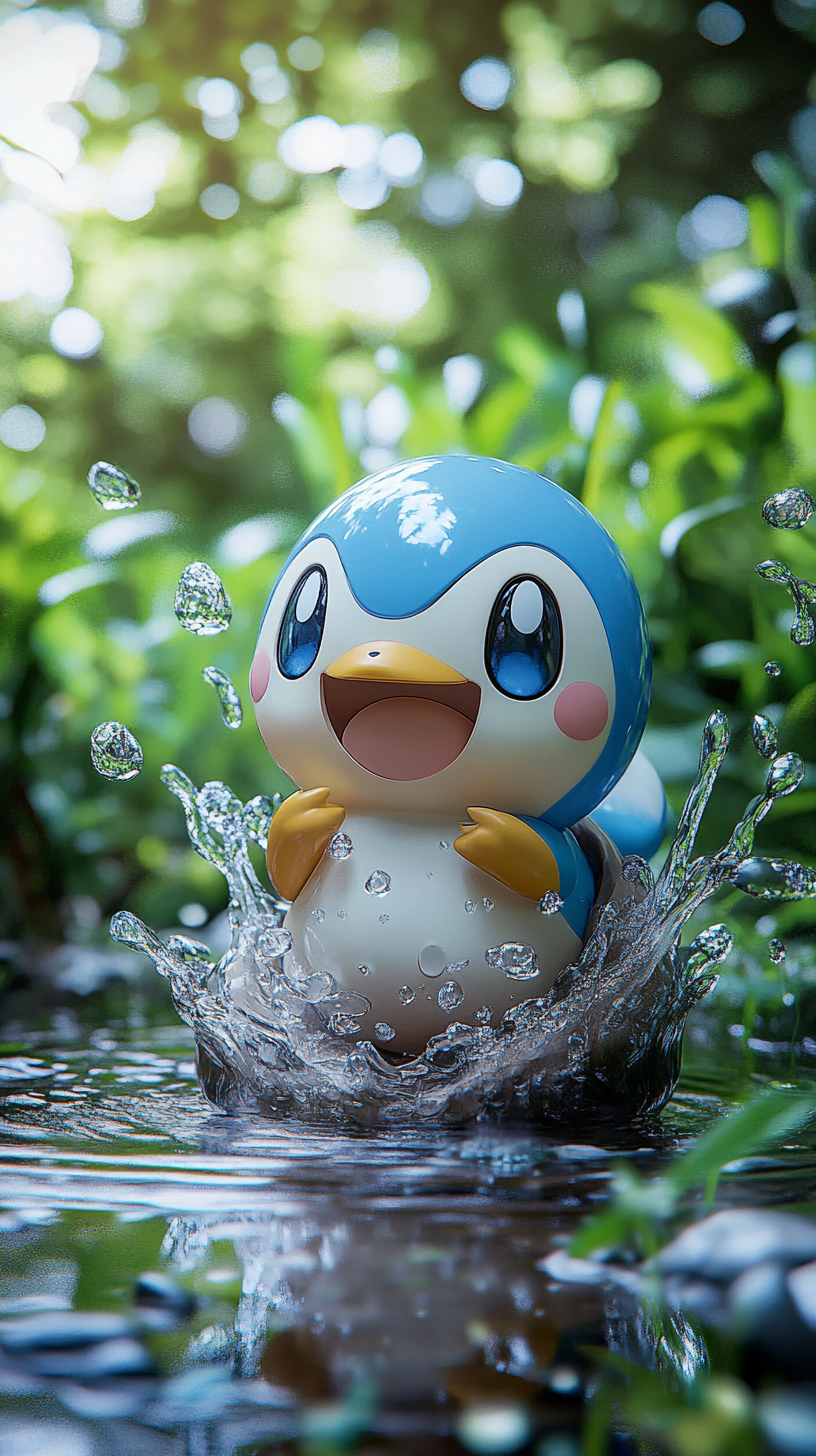 Baby Piplup pops out of water-themed egg happily.