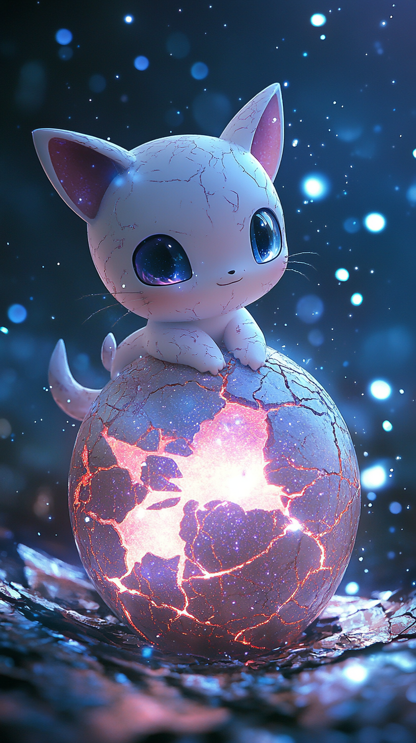 Baby Pokémon in cosmic egg with Mew features.