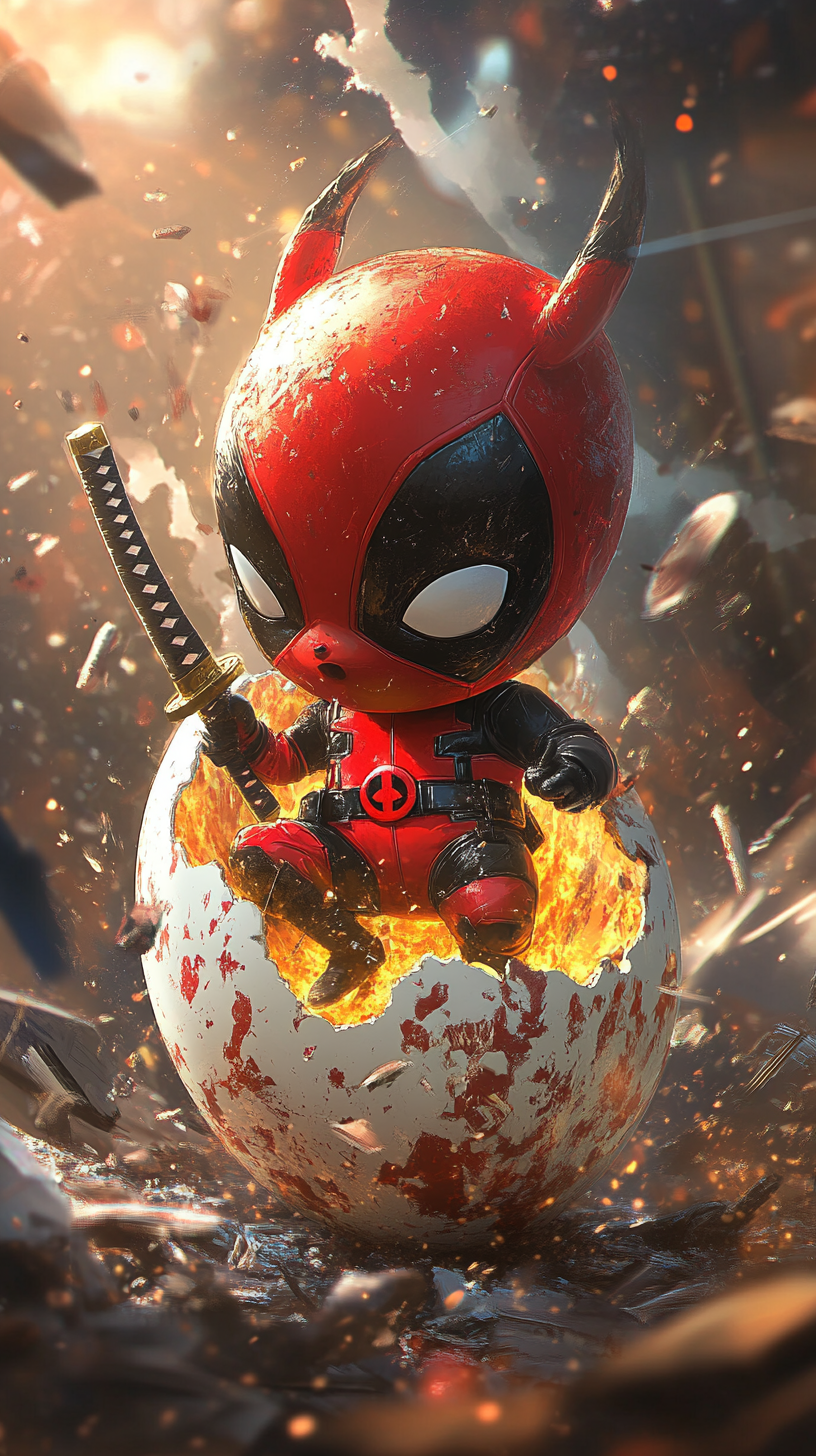 Baby Pokémon with Deadpool features hatching from egg in comic-style scene.