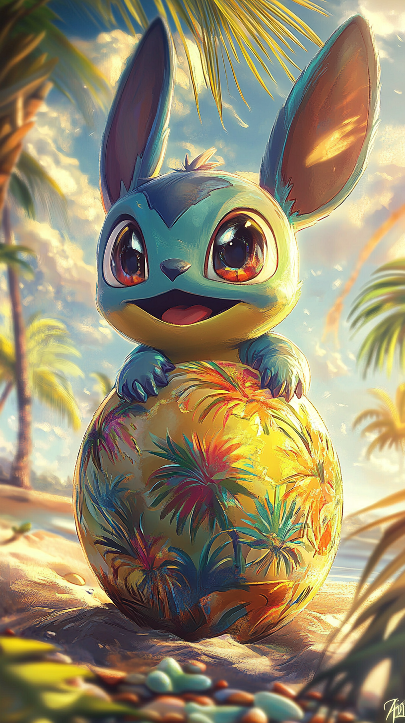 Baby Pokémon with Stitch traits hatching from tropical egg.