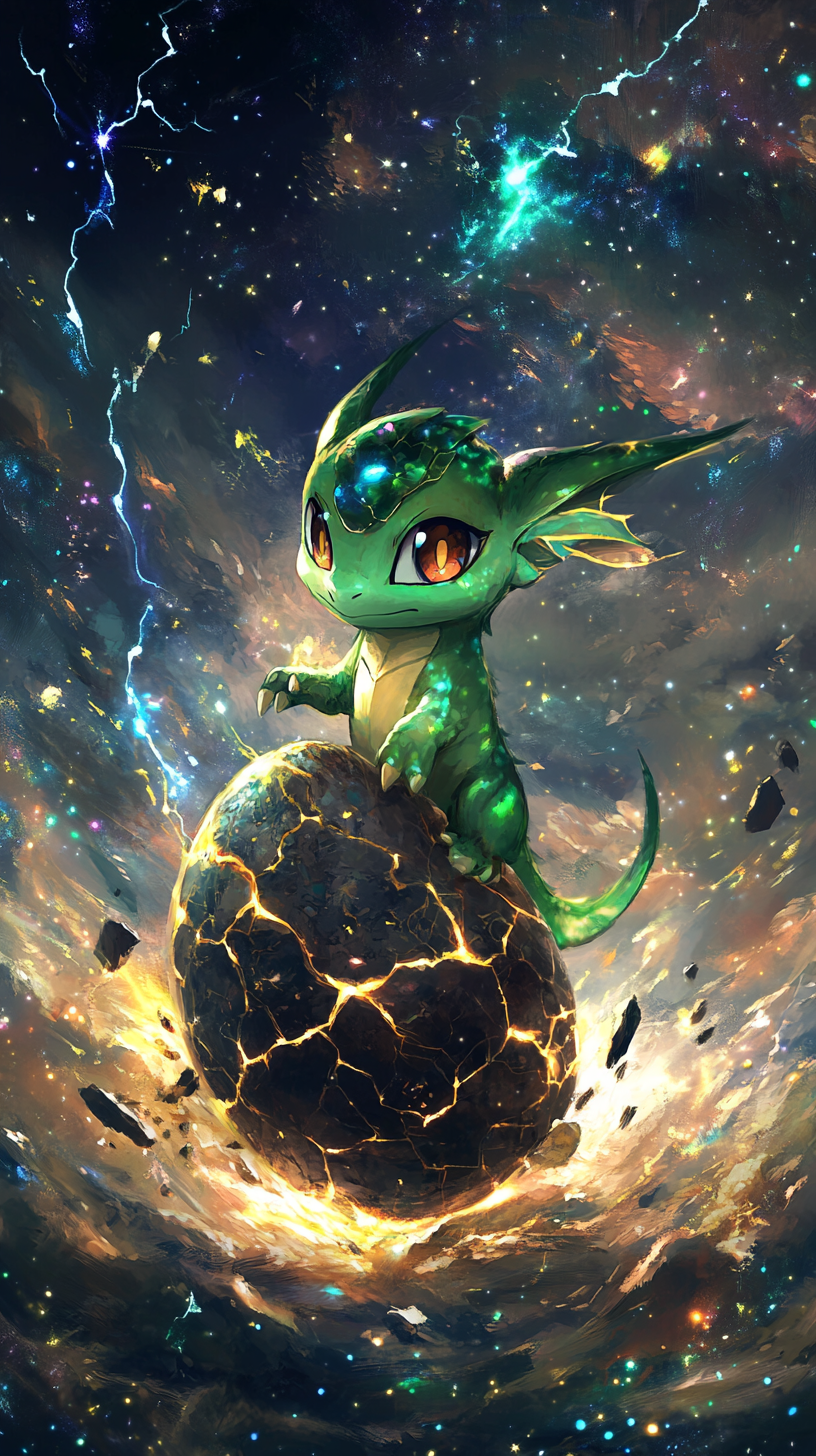 Baby Rayquaza emerges from cosmic egg in enchanting scene.