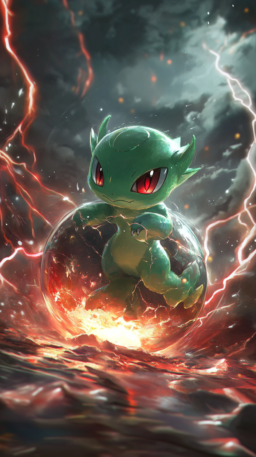 Baby Rayquaza in chibi-style emerges from cracked cosmic egg.