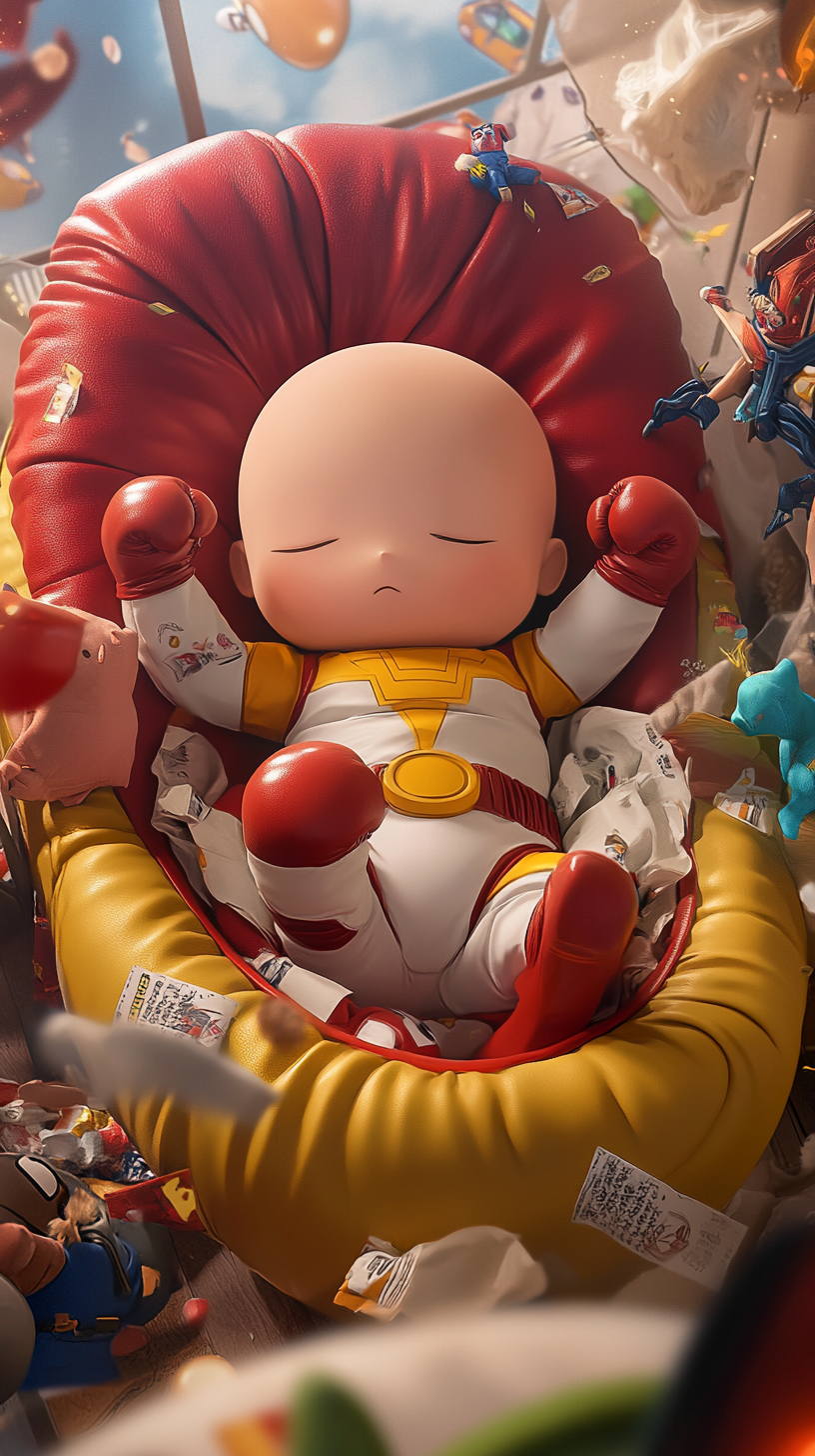 Baby Saitama in cute cradle with superhero decorations.