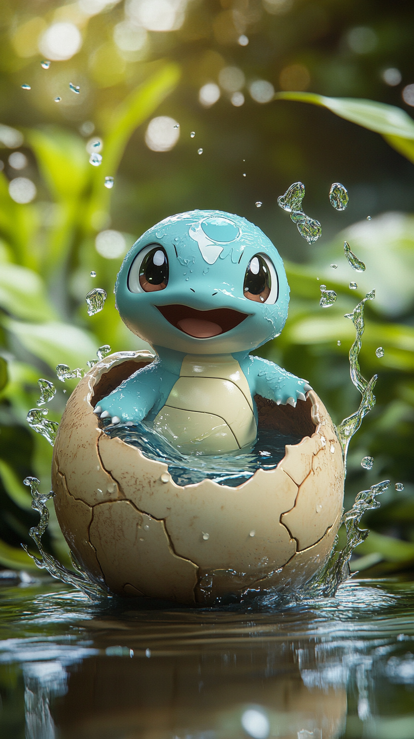 Baby Squirtle excitedly splashing out of water egg.