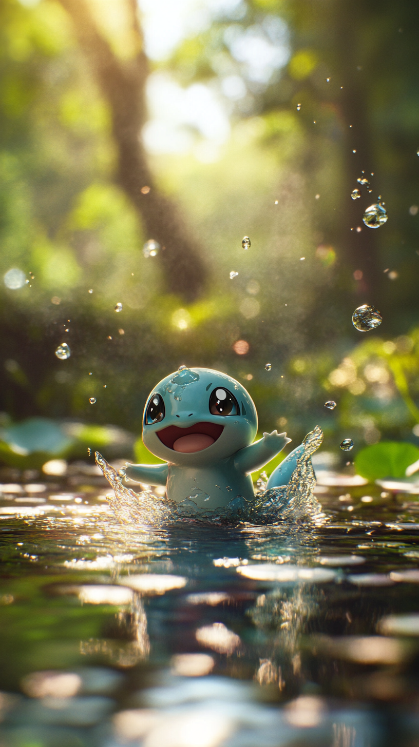 Baby Squirtle playing in pond with sparkling water.