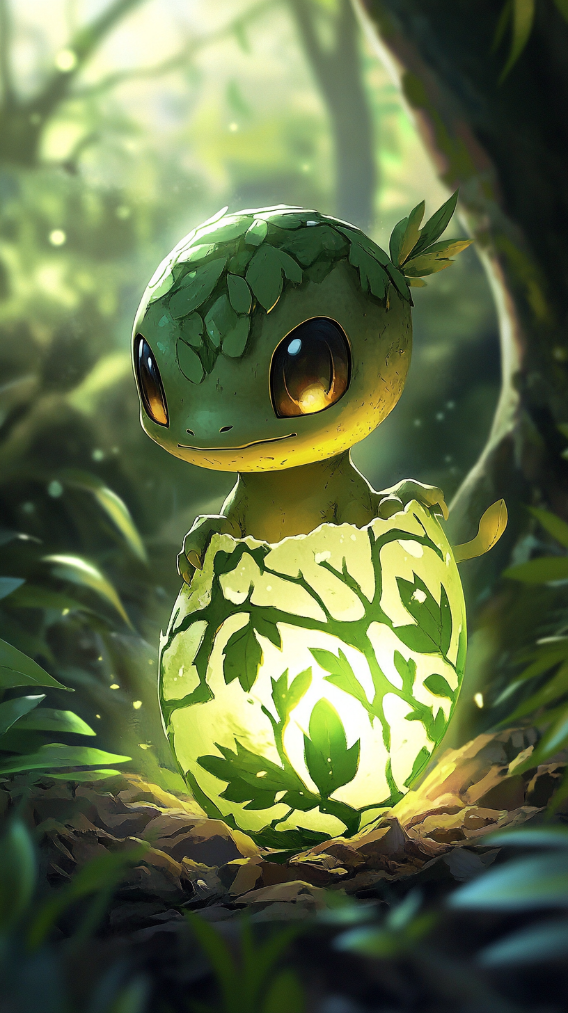 Baby Treecko hatching from cracked egg in forest scenery.