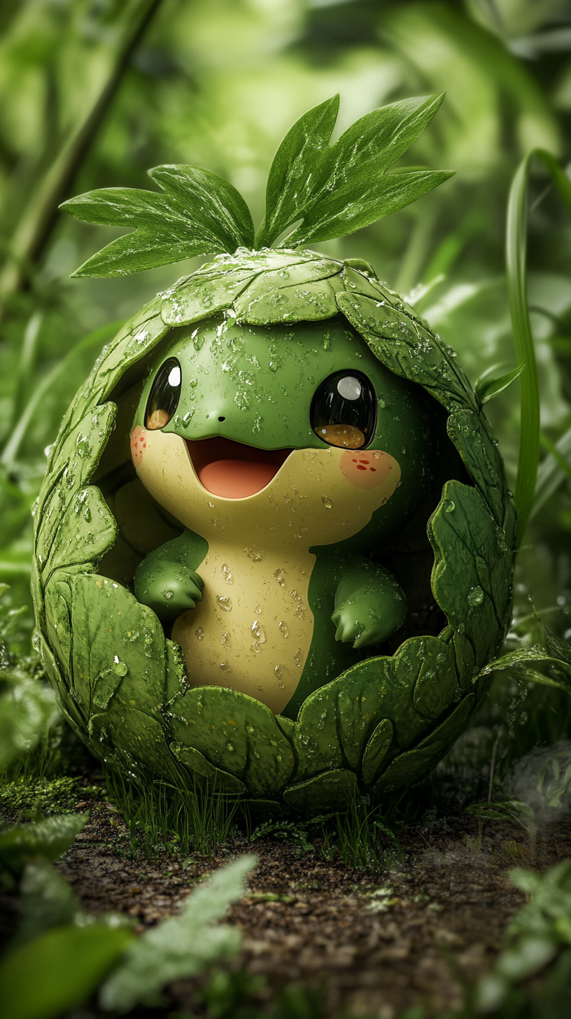 Baby Turtwig hatching from plant egg, happy expression.