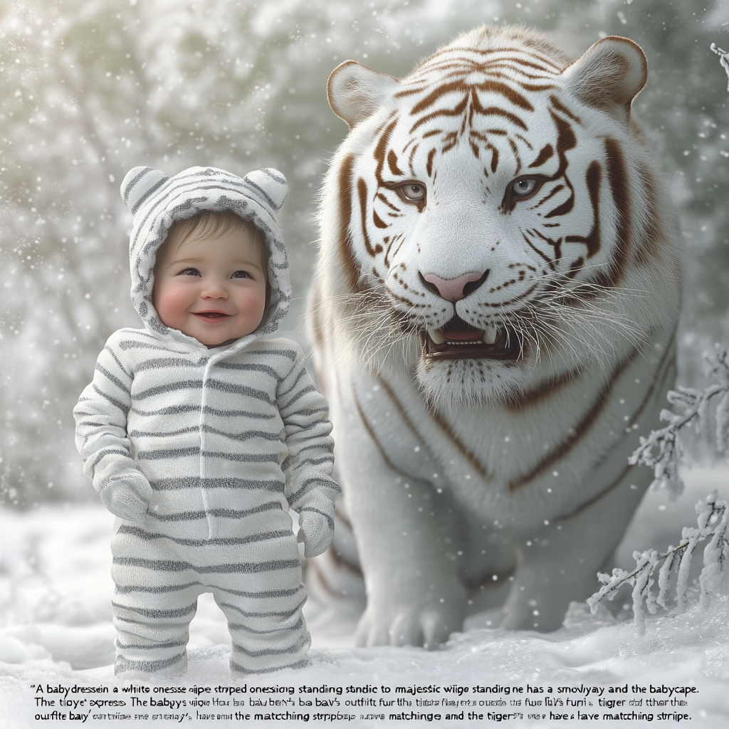 Baby and tiger in snowy landscape with stripes.