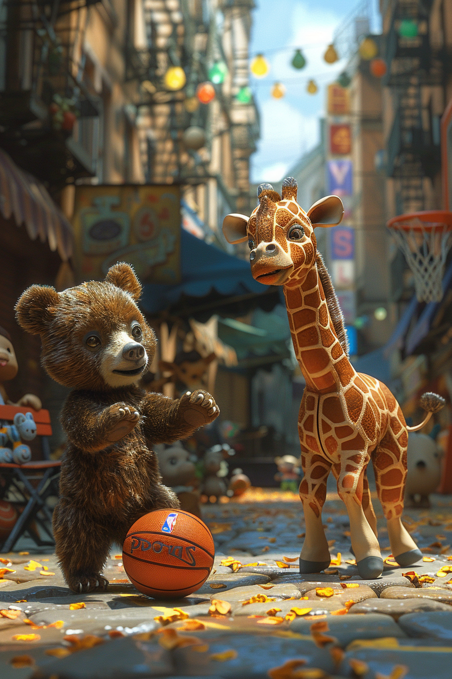 Baby animals play basketball in colorful giant's playground