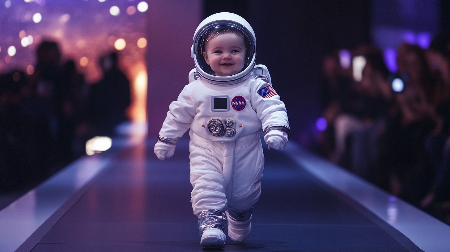 Baby astronaut confidently struts the runway, captivating all.