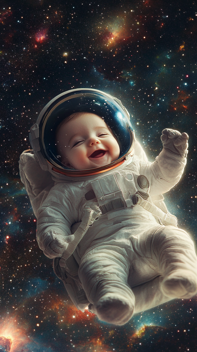 Baby astronaut in space with twinkling stars, smiling