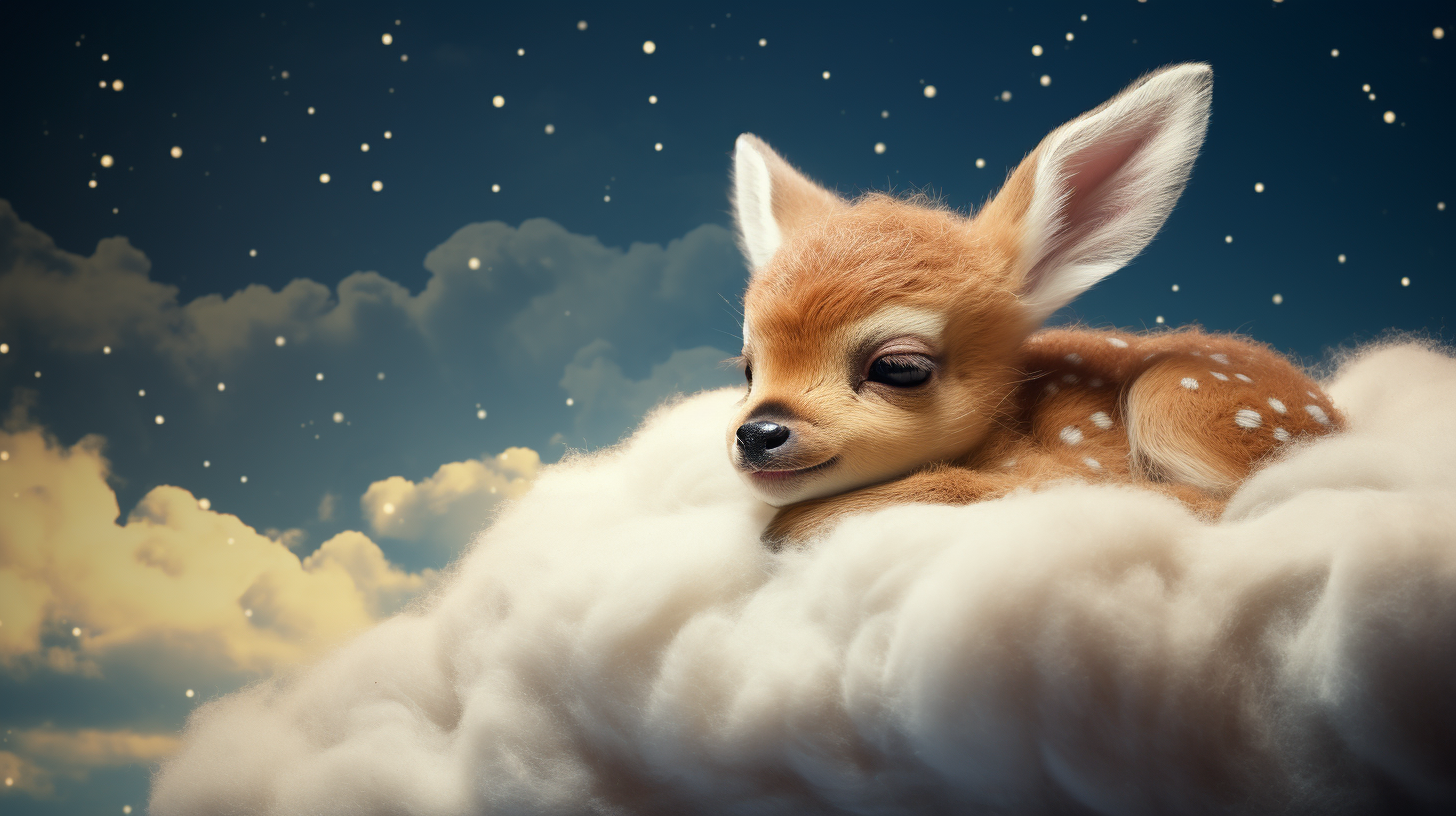 Baby deer sleeping on clouds under starry sky.