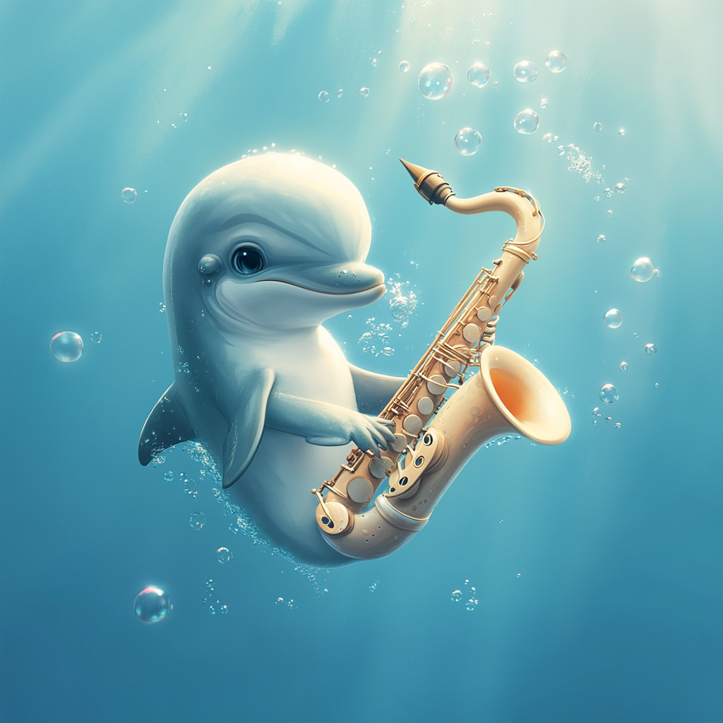 Baby dolphin playing saxophone made of conch shell