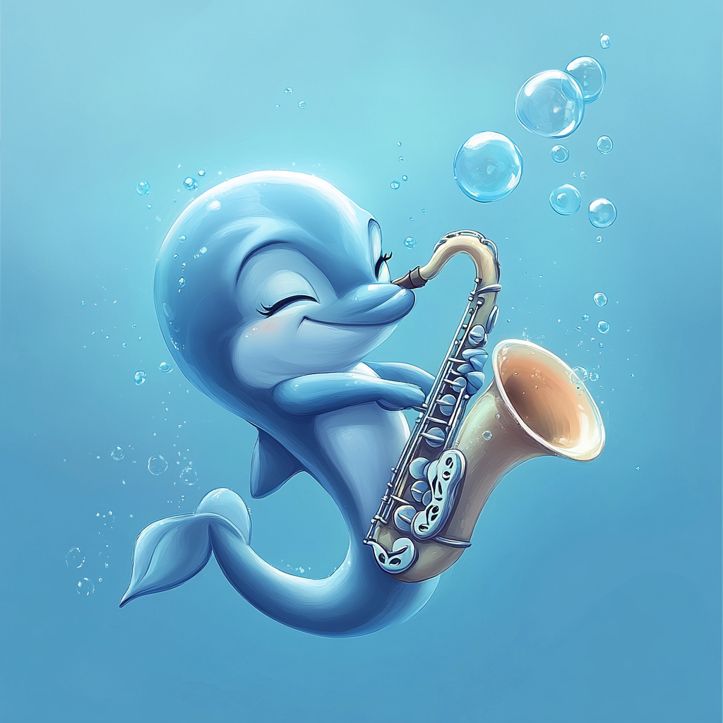 Baby dolphin plays saxophone made of conch shell