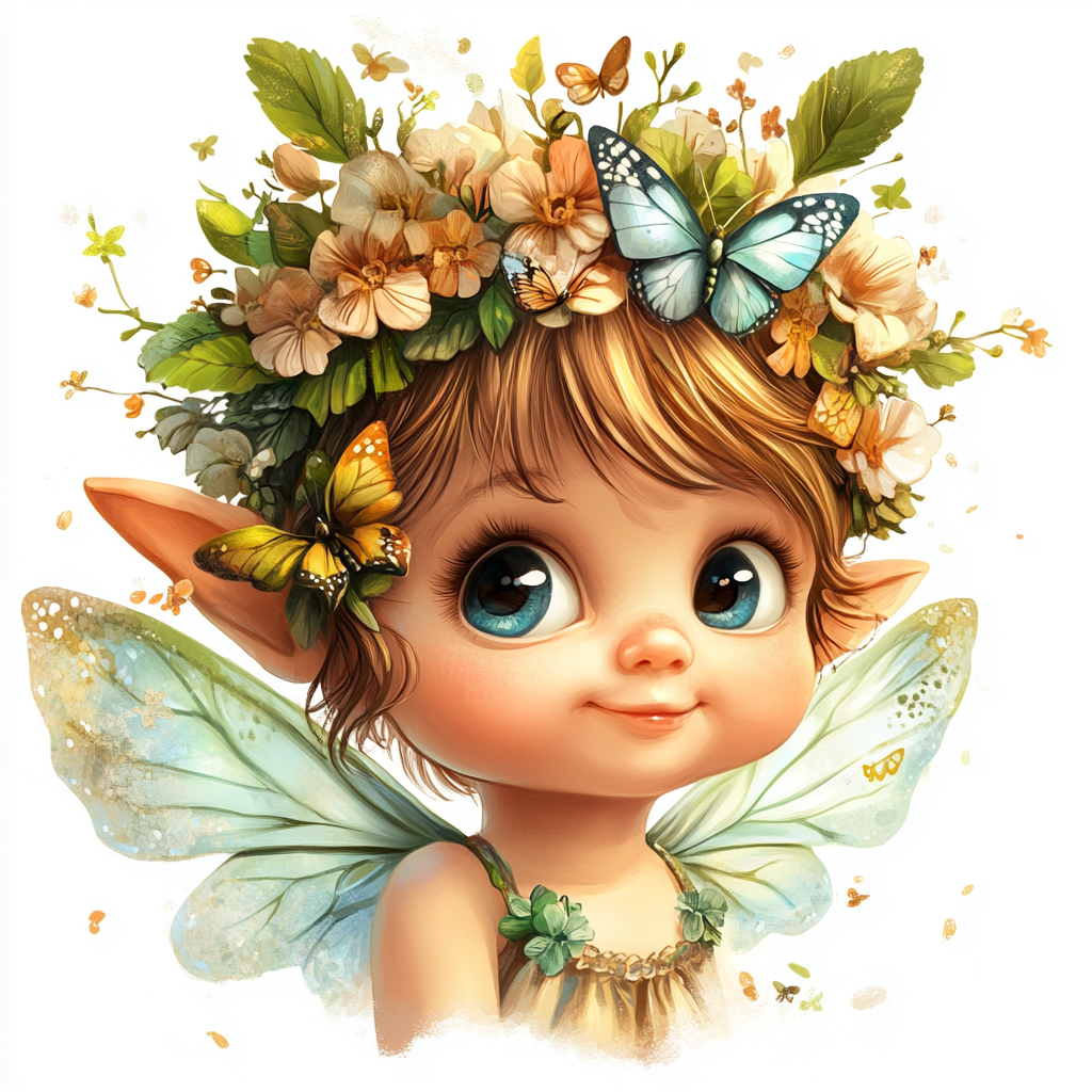 Baby fairy with butterfly headband, hand-drawn digital art.