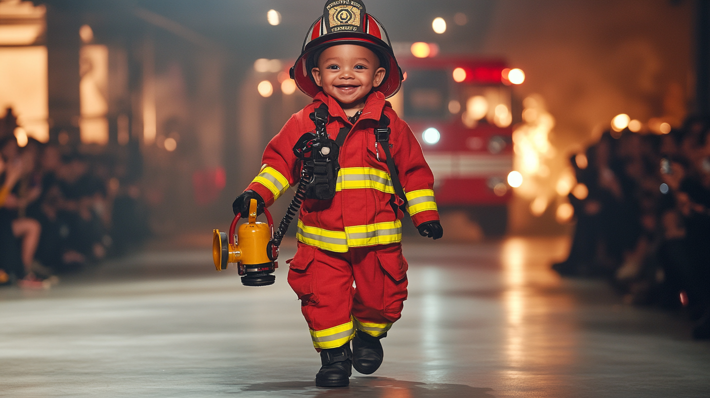 Baby firefighter confidently struts on runway, smiling brightly.