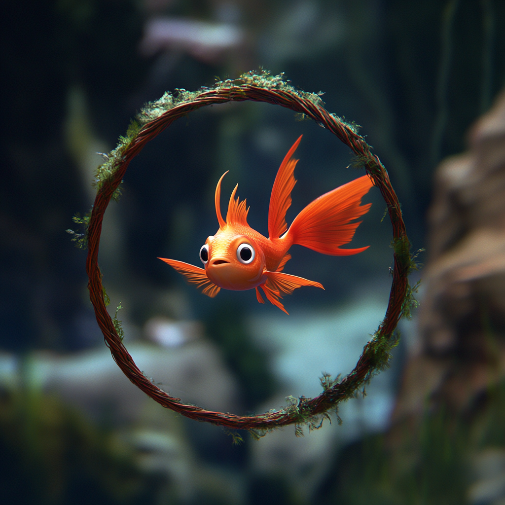 Baby firefish leaping through seaweed hoop - Pixar style