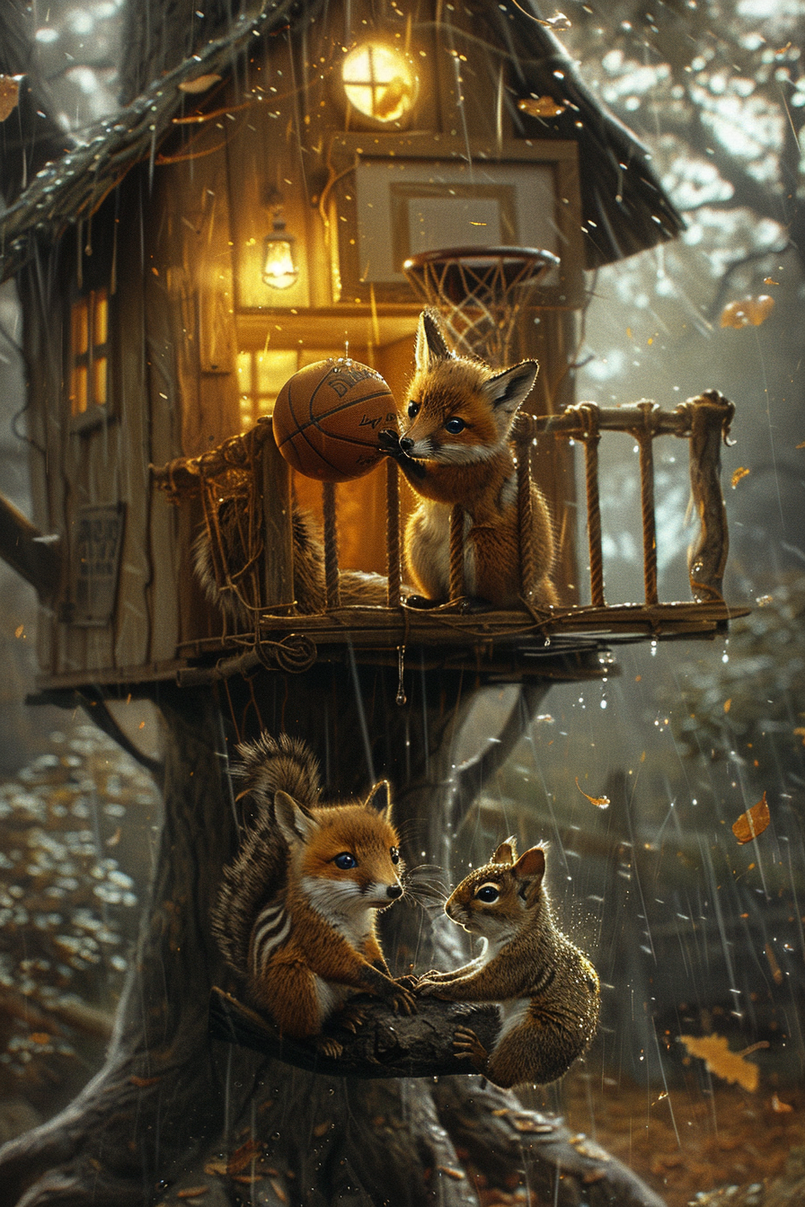 Baby fox and squirrel playing basketball in cozy treehouse