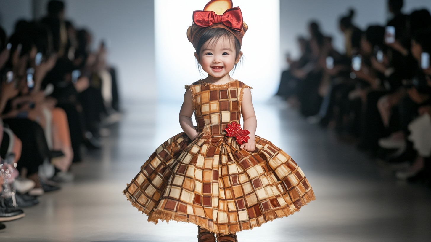 Baby in Apple Pie Outfit Strutting on Runway