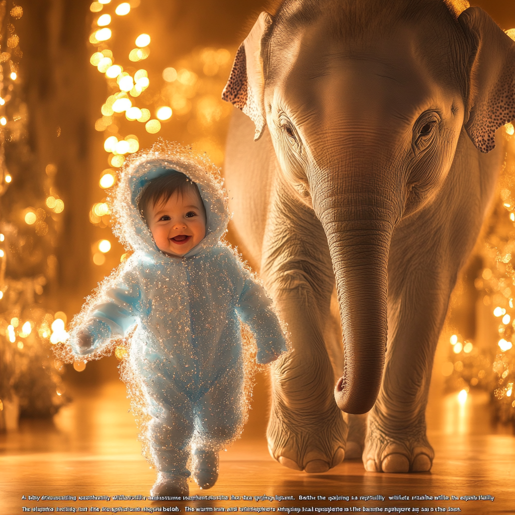 Baby in elephant costume walks with real elephant.