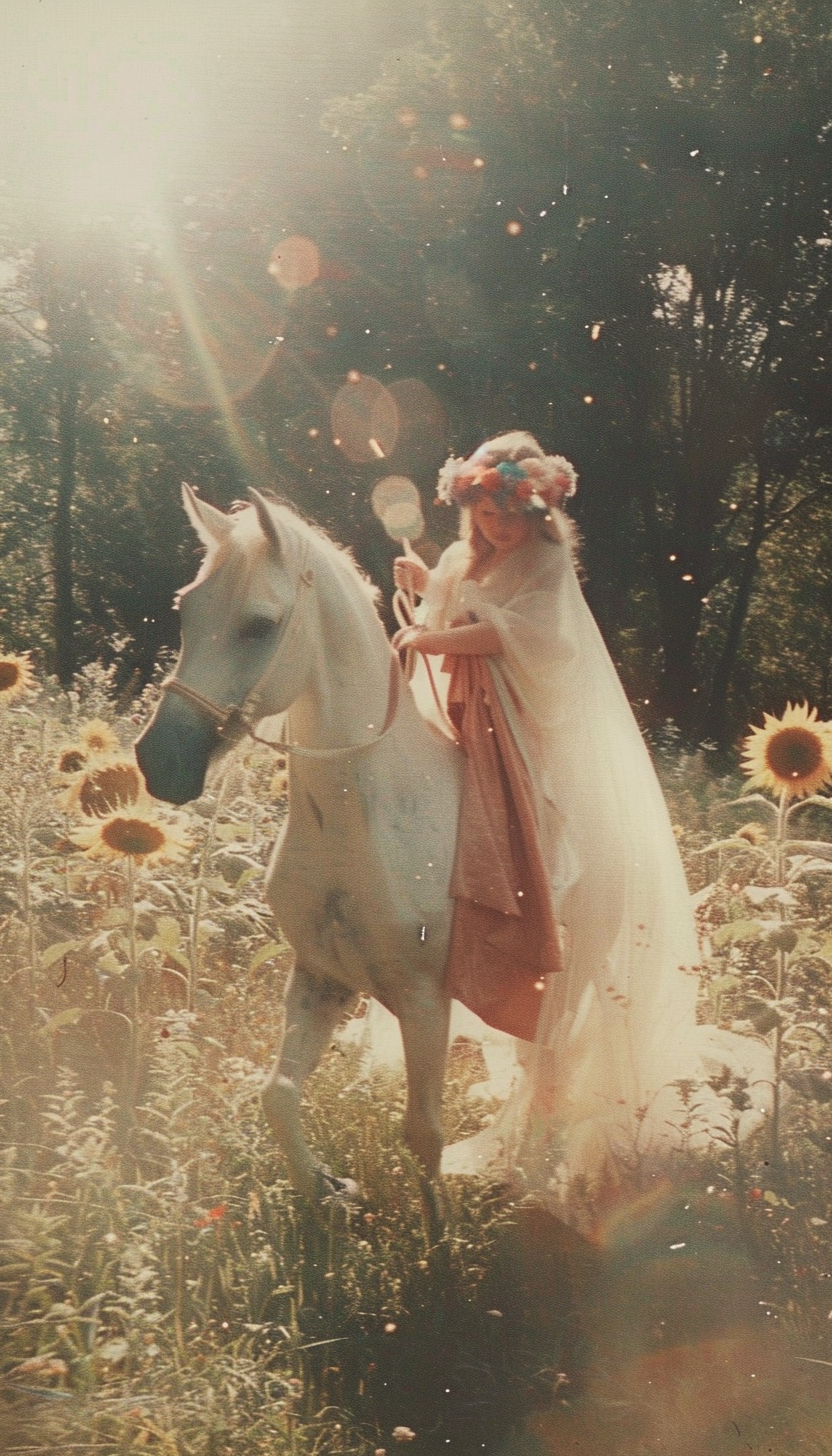 Baby in flower crown on white horse near sunflowers.