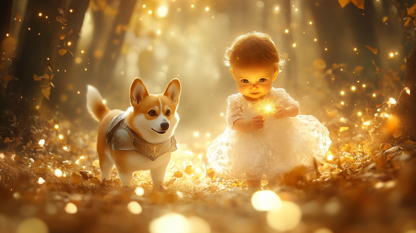 Baby in wedding dress walks in forest with corgi.