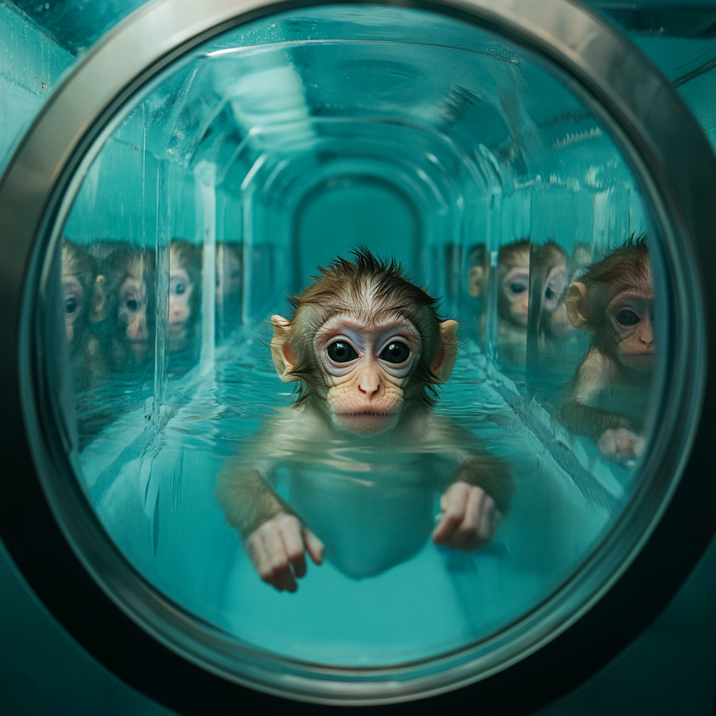 Baby monkey floating in water tank with others.