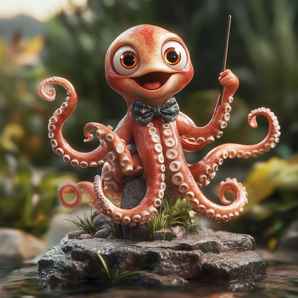 Baby octopus orchestra conductor in Pixar style 