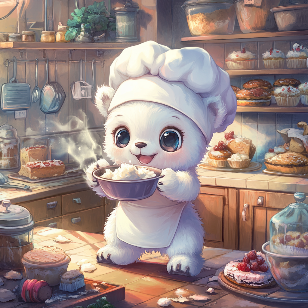 Baby polar bear in chef outfit baking joyfully.