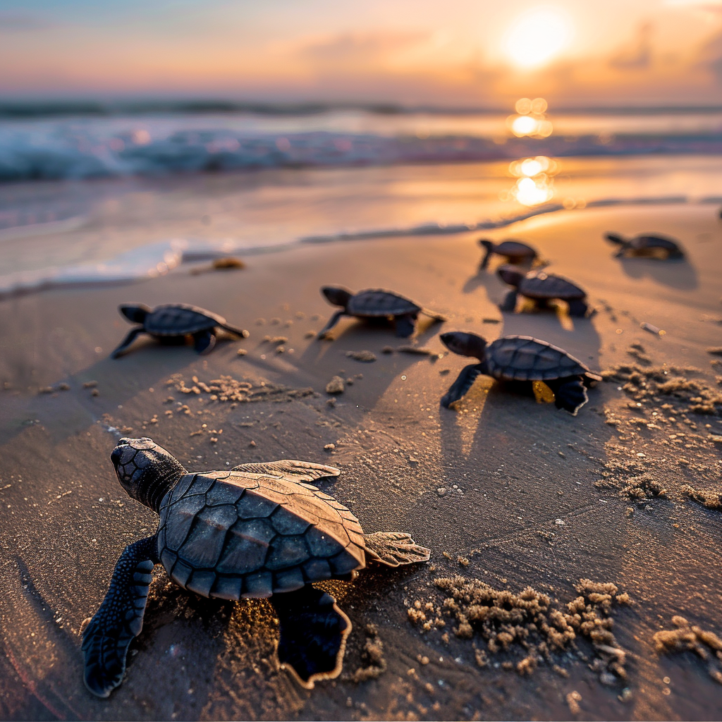 Baby turtles hatching on beach, crawling oceanward, early morning.