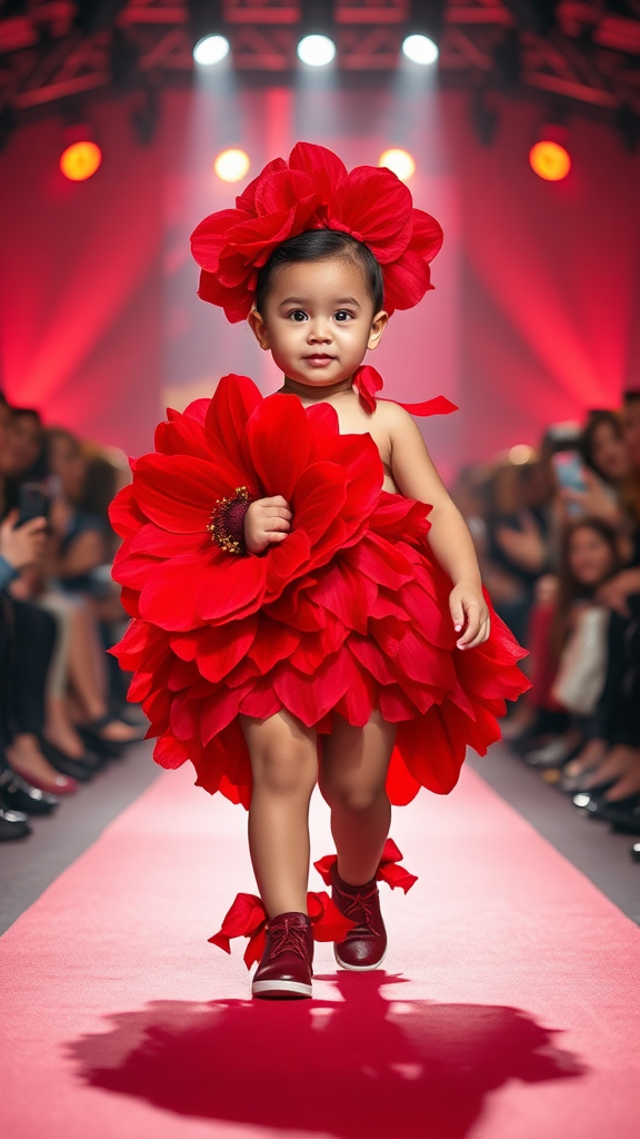 Baby walking confidently in vibrant red flower runway show.