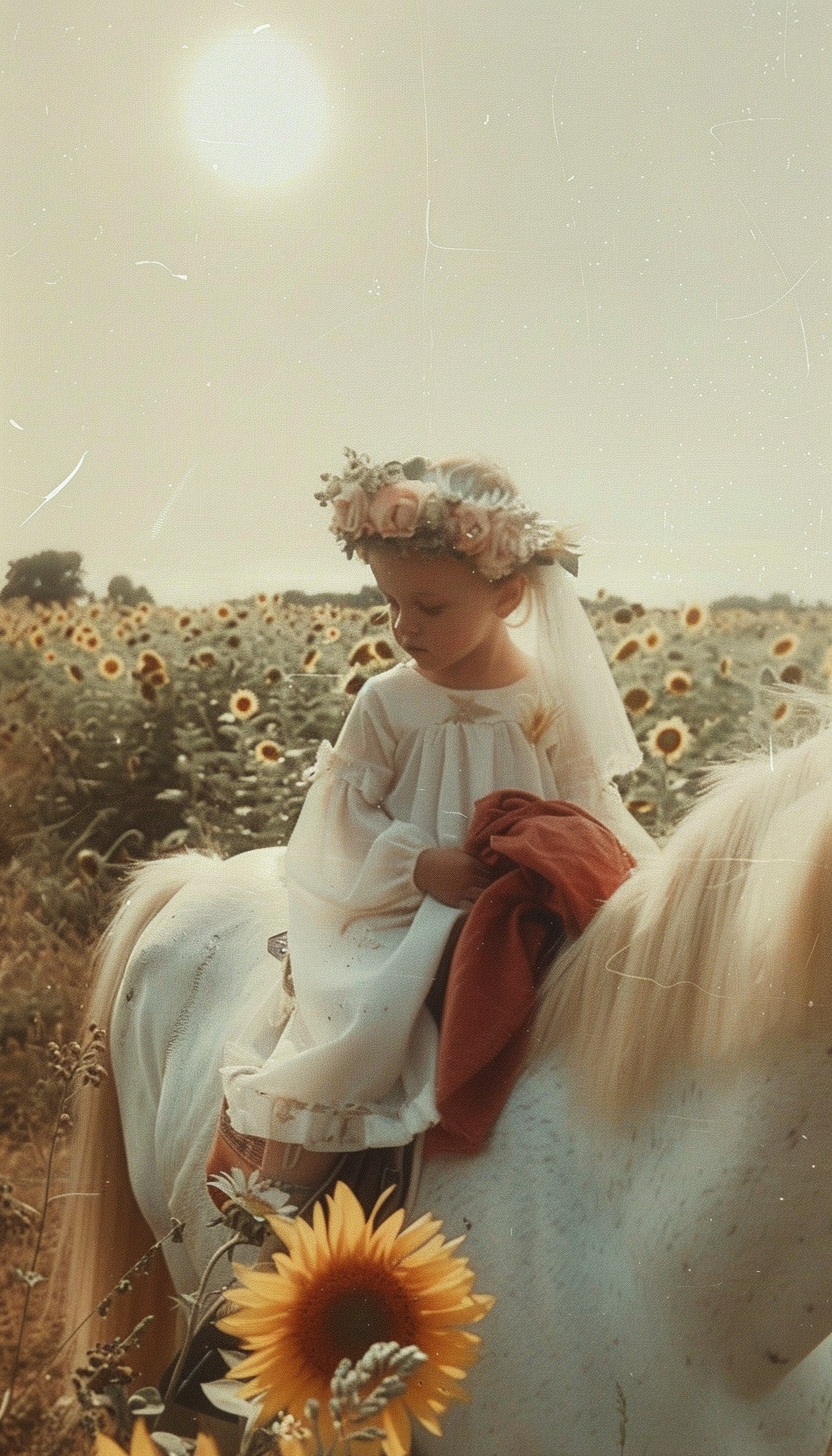 Baby with flower crown riding white horse, holding red cloth.