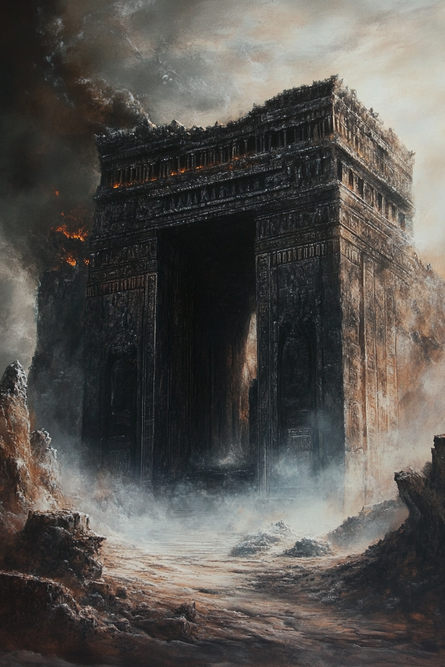 Babylonian temple painting in dark fantasy style on canvas.